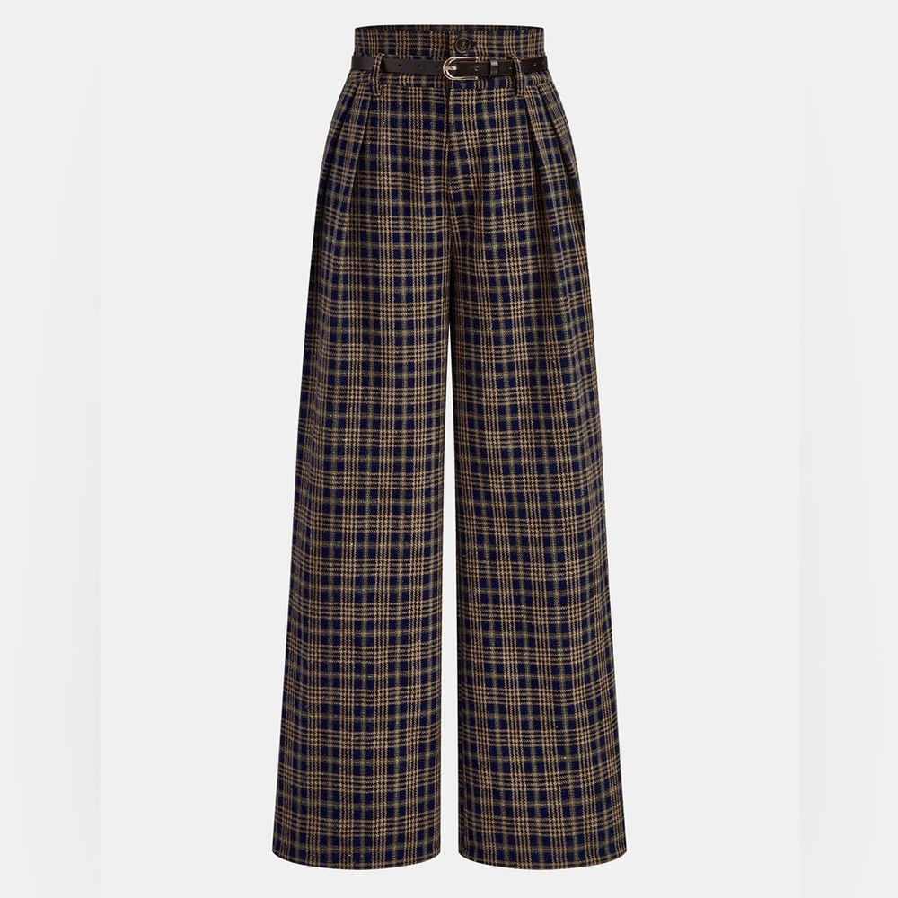 Commense Plaid Wide Leg Pants - Blue and Tan